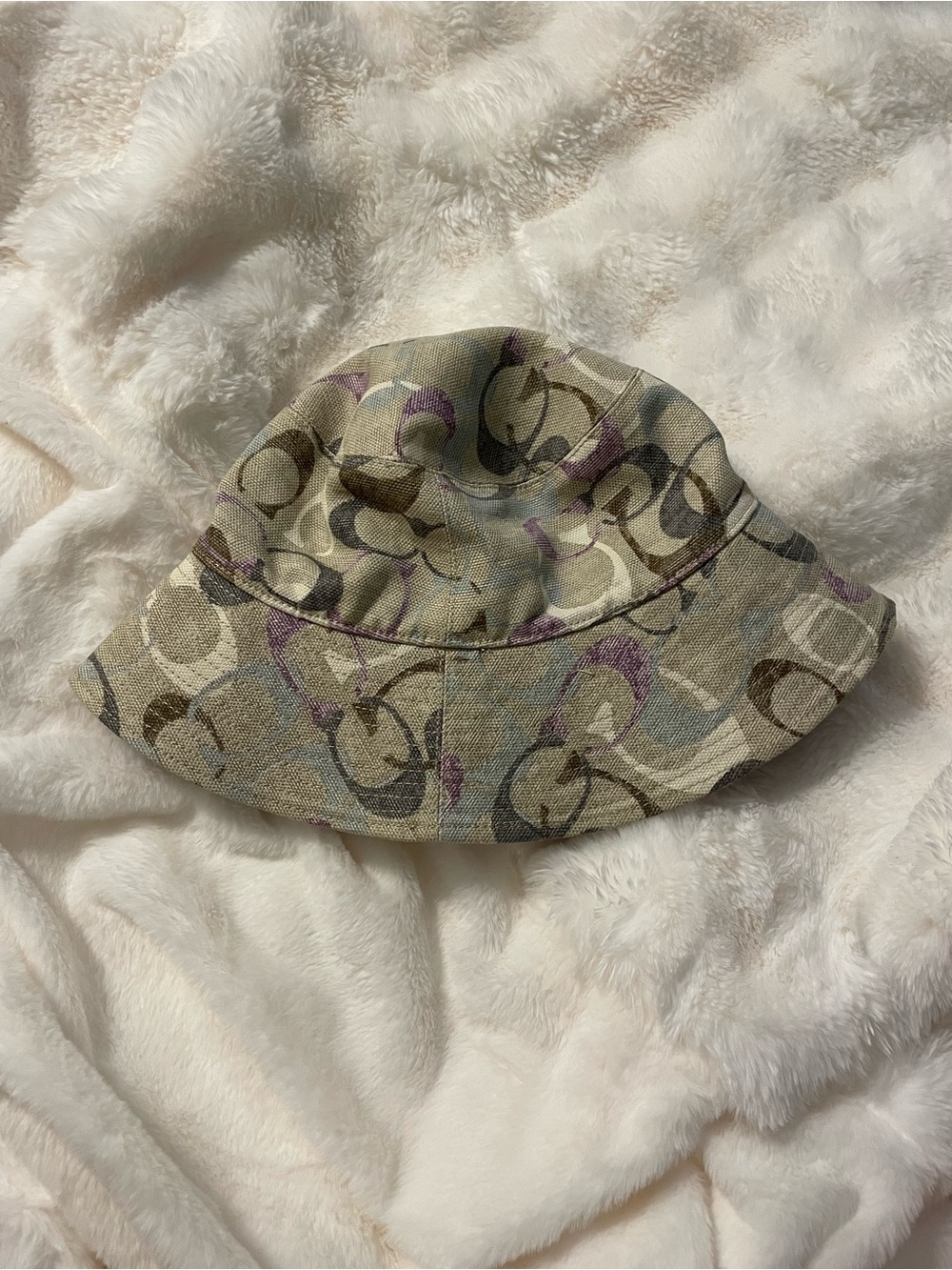Y2K Coach Beige Bucket Hat with Taupe, Brown and Purple Logo Print (M/L)